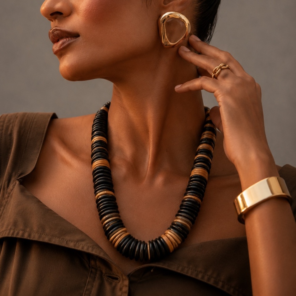 Chico’s Black and Natural Disc Bead Necklace